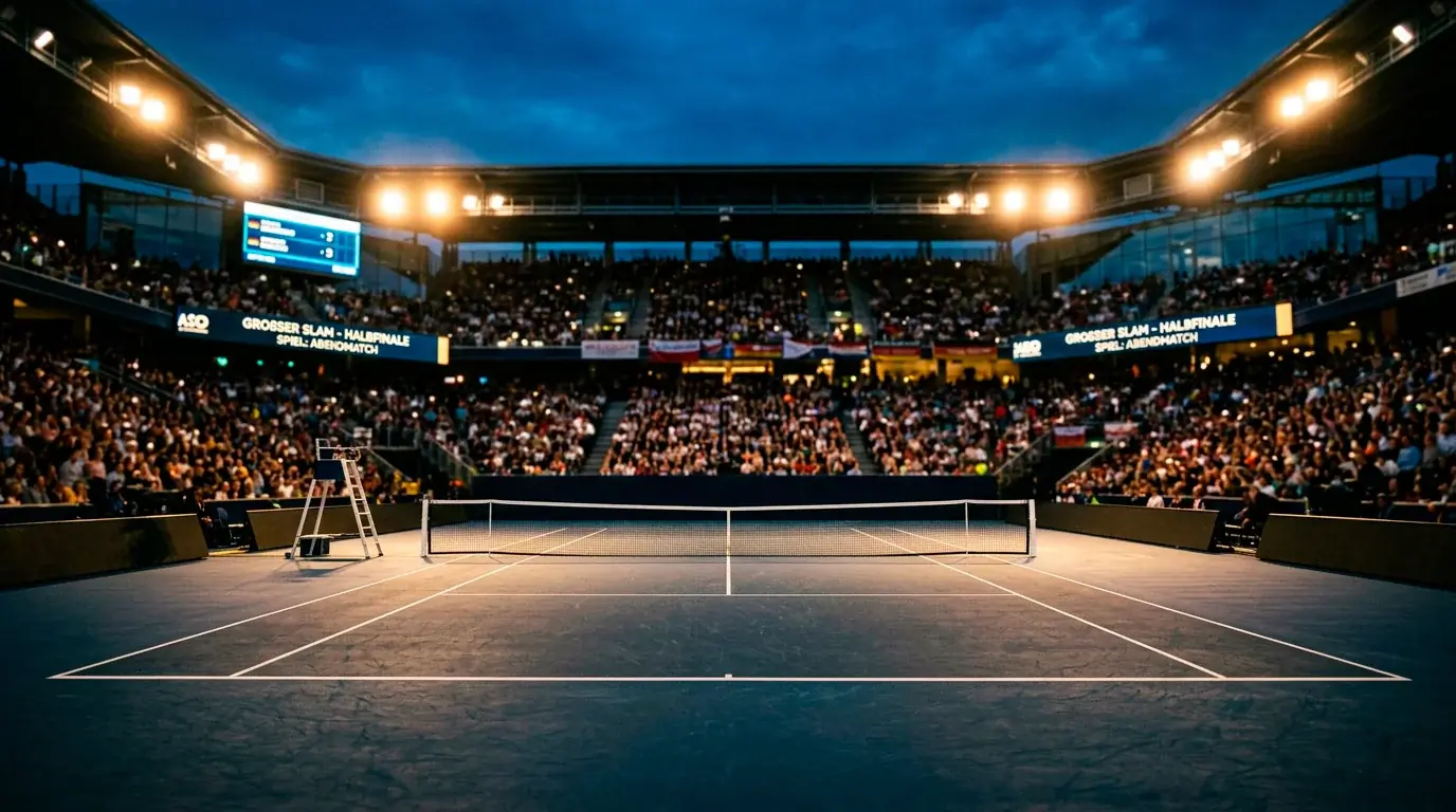 Tennisplatz bei Grand Slam Turnier mit Flutlicht und Zuschauern
